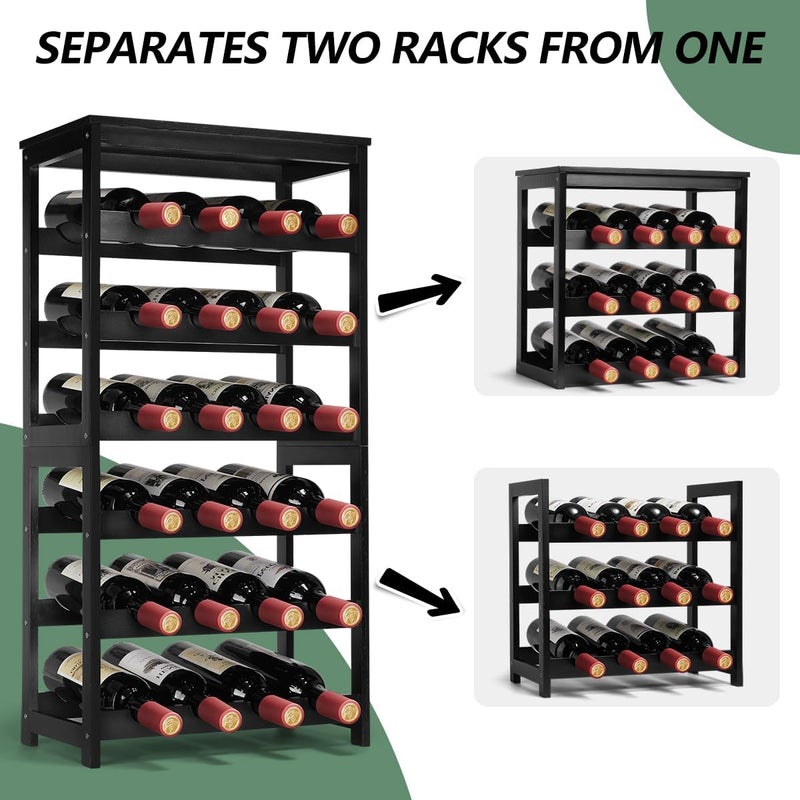 Homevany Wine Rack 24-Botttle Freestanding Floor, 6-Tier Wine Rack Shelf with Table Top, Bamboo Display Wine Storage Shelves Kitchen Bar Dining Room Living Room, Black - Image 1